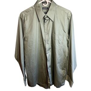 Arrow Mens Dress Shirt Olive Green Sateen Wrinkle Free 16.5 34/35 Large Pocket